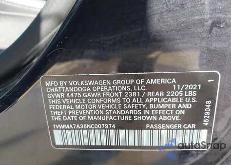 2022 Volkswagen Passat 2.0T R-Line from USA, damaged, VIN 1VWMA7A36NC007974